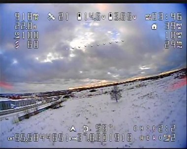 Uçan bir dronun geniş mercekli nehir manzaralı beyaz hava aracı görüntüsüne sahip bir İHA 'nın kamera üzerindeki dijital kaza etkisi. Video ufuk hızında veriye ve diğer uçuş verileri arıza gürültü vhs etkilerine sahiptir