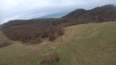 fpv Quadcopter uçuşu dağlarda, Sochi, çimen bir açıklıkta, gri yeşil orman, güzel yüksek kayalar, büyük taşlar, mavi gökyüzü ve deniz ufukta