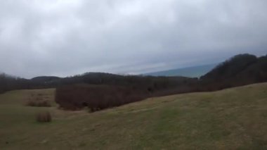 fpv Quadcopter uçuşu dağlarda, Sochi, çimen bir açıklıkta, gri yeşil orman, güzel yüksek kayalar, büyük taşlar, mavi gökyüzü ve deniz ufukta