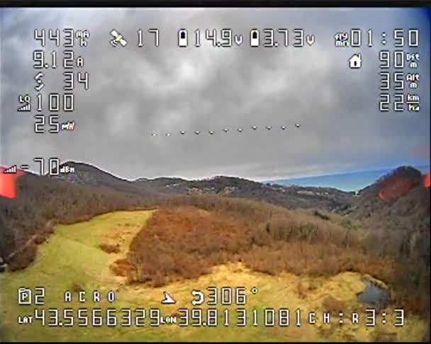 数字碰撞对相机的影响来自无人机与绿色领域的视野与河流与飞行无人机与广角镜头 该视频有关于地平线速度的数据和其他飞行数据故障噪声的影响 — 图库视频影像