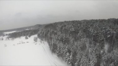 Buzlu bir gölün yakınındaki karlı bir ormanda FPV drone uçuşu, beyaz çam ağaçları, güzel manzaralar, sert soğuk kış, kuadkopter