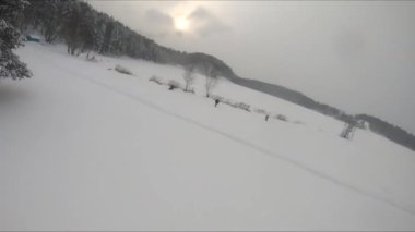 Buzlu bir gölün yakınındaki karlı bir ormanda FPV drone uçuşu, beyaz çam ağaçları, güzel manzaralar, sert soğuk kış, kuadkopter