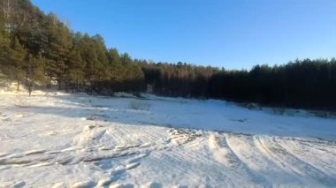 fpv insansız hava aracı kış ormanlarında gün batımında, yeşil köknar ağaçları, beyaz kar