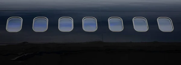 Närbild Ett Flygplan Fönster Privat Business Jet Panoramabild — Stockfoto