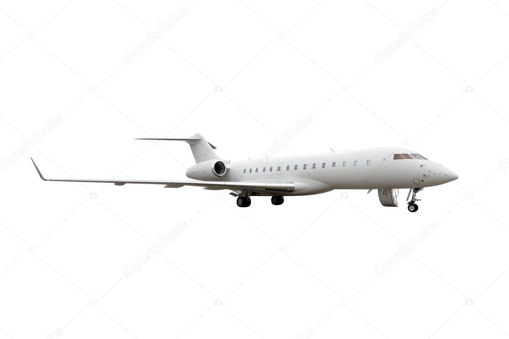 Business jet parked at outside and waiting vip persons, airplane isolated on white background, luxury tourism and business travel transportation concept.