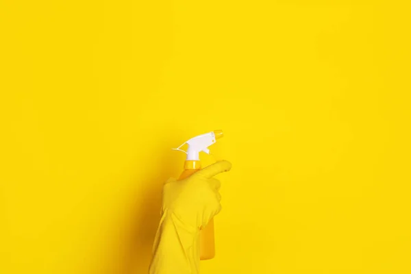 Hand Glove Spray Bottle Yellow Background Cleaning Concept — 图库照片