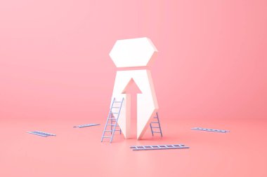 yukarı ok kravatı pembe arka planda, 3D yorumlama, iş başarısı konsepti