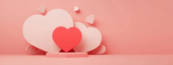 Podium Dla Produktów Sercem Koncepcja Walentynek Renderowanie Makieta Panoramiczna — Zdjęcie stockowe