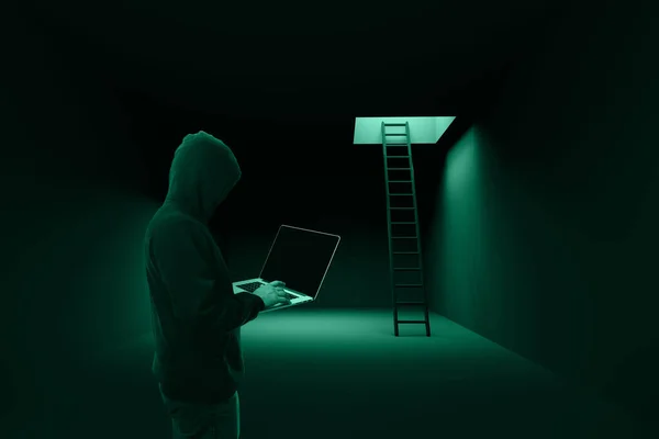 Boş Bir Odada Merdivenin Arka Planındaki Hacker Adam — Stok fotoğraf