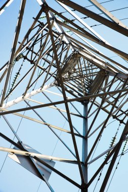 Mavi gökyüzü üzerinde yüksek voltaj direği, elektrik krizi