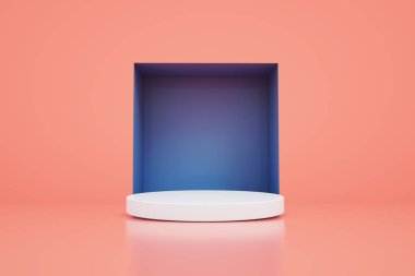 Pembe oda arka planında modern stand podyumu olan üç boyutlu bir platform görüntüsü. Boş Sergi Sahnesi arkaplanı ya da boş ürün rafı.