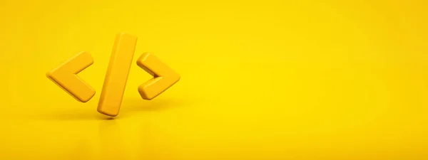 Ícone Código Brilhante Volumétrico Renderizado Símbolo Digital Fundo Amarelo Ícone — Fotografia de Stock