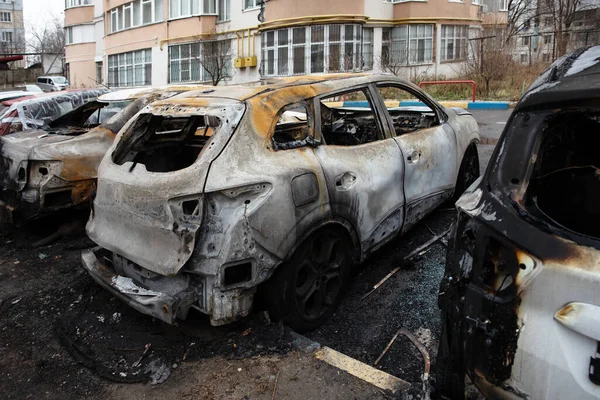 Kapotte Verbrande Auto Parkeerplaats Ongevalsconcept — Stockfoto