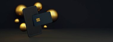 Koyu arkaplan üzerinde kredi kartı olan telefon, mobil bankacılık ve çevrimiçi ödeme servisi, 3D render, panoramik düzen