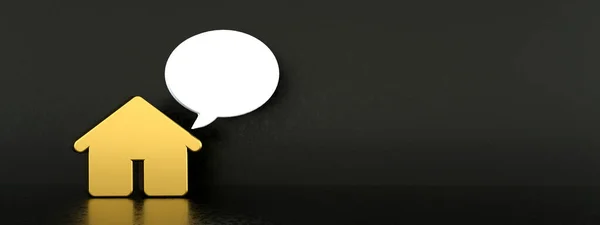 Golden House Speech Bubble Black Background Render Panoramic Layout — Stockfoto