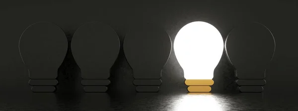 Light Bulbs Black Background Concept Success Idea Render Panoramic Image — Foto Stock
