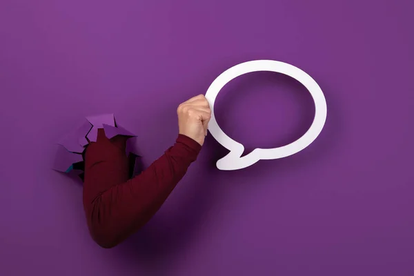 Hand Holding Talk Bubble Speech Icon Purple Background — Stockfoto