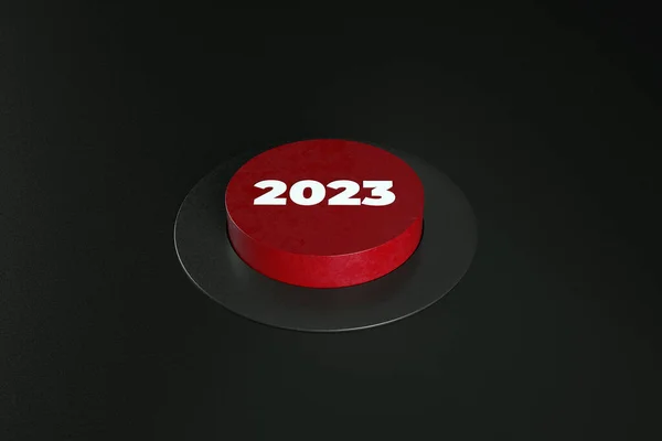2023 Czerwony Przycisk Czarnym Tle Renderowania — Zdjęcie stockowe