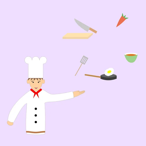 Chef Charakter Und Verschiedene Kochutensilien Und Zutaten Vektorbild Illustration — Stockvektor
