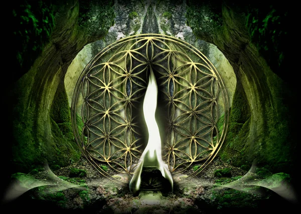 Flower Of Life and Green Flame of Archangel Raphael in a mystical forest landscape.This poster will charge your space (kinesiology/massage therapists, reiki/energy healers, yoga studios, meditation room) with positive energy and healing vibes.