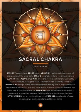 SACRAL CHAKRA Sembolü (2. Çakra, Svadhisthana), Banner, Poster, Kartlar, Açıklama, özellikler ve doğrulamalar ile Infographic.