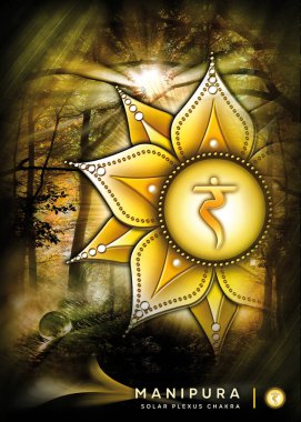 Poster, Wallpaper with solar plexus chakra symbol (Manipura). Artwork with mystical nature elements and landscapes.