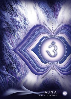 Poster, Wallpaper with third eye chakra symbol (Ajna). Artwork with mystical nature elements and landscapes.