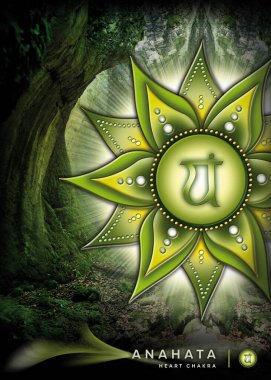 Poster, Wallpaper with heart chakra symbol (Anahata). Artwork with mystical nature elements and landscapes.