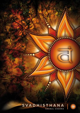 Poster, Wallpaper with sacral chakra symbol (Svadhisthana). Artwork with mystical nature elements and landscapes.