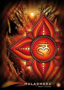 Poster, Wallpaper with root chakra symbol (Muladhara). Artwork with mystical nature elements and landscapes.