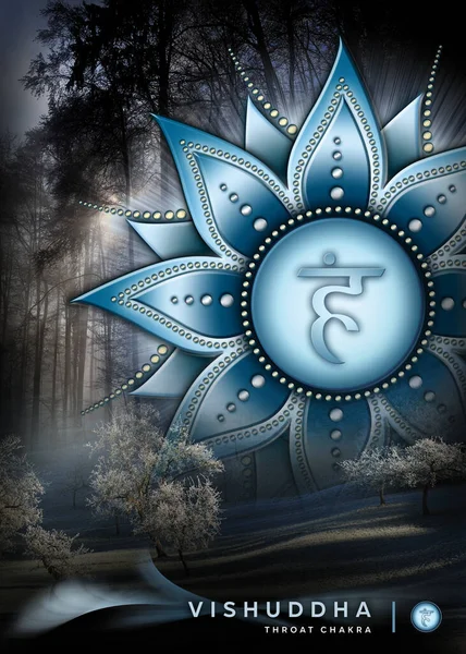 Poster, Wallpaper with throat chakra symbol (Vishuddha). Artwork with mystical nature elements and landscapes.