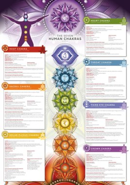 Güçlü 7 Çakra - Detaylı tanımlama, özellikler ve özellikler içeren bilgi posteri / duvar kağıdı. Kineziyoloji uzmanları, masaj terapistleri, reiki şifacılar, yoga stüdyoları vs. için mükemmel..
