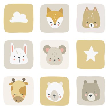 Sevimli karalama hayvanları kafa pastel desenli. Tekstil, kumaş, giysi, ambalaj, kağıt, kırtasiye, kreş için kusursuz doku..