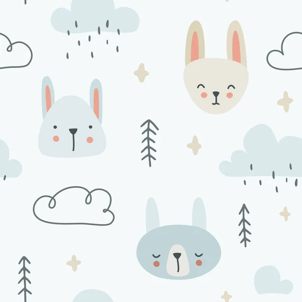 Nettes Doodle Skandinavisches Hasenmuster Mit Waldbaum Und Regenwolken Nahtlose Textur — Stockvektor