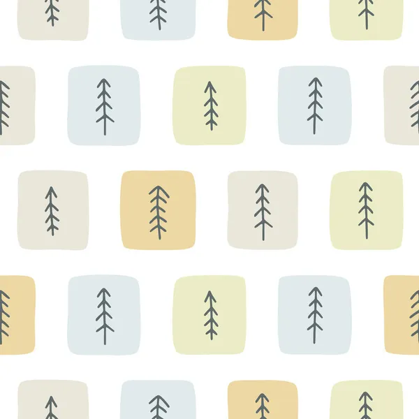 正方形のパターンでかわいいドードルの森の木のシルエット ファブリック アパレル 文房具 保育園のためのシームレスなテクスチャ — ストックベクタ