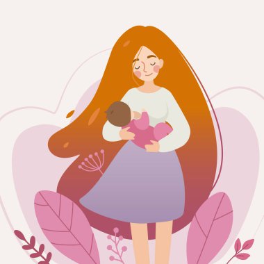 Güzel genç bir kadın yeni doğmuş bir bebeği kucağına alıp emziriyor. Uzun kızıl saçlı, tatlı bir bayan bebeğini besliyor..