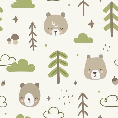 Şirin orman ayısı İskandinav karalama deseni. Kumaş, tekstil, ambalaj, kağıt, kırtasiye, kreş için kusursuz doku.