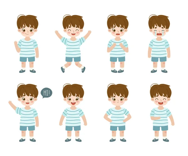 Bonito Desenho Animado Menino Conjunto Expressões Coleção Expressões Infantis Personagem —  Vetores de Stock