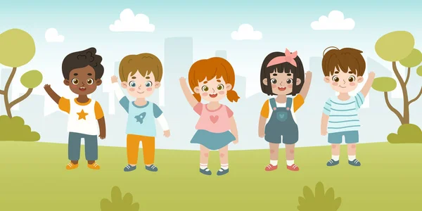 Szczęśliwe Małe Kreskówkowe Dzieci Stoją Parku Machają Ręką Grupa Przyjaznych — Wektor stockowy