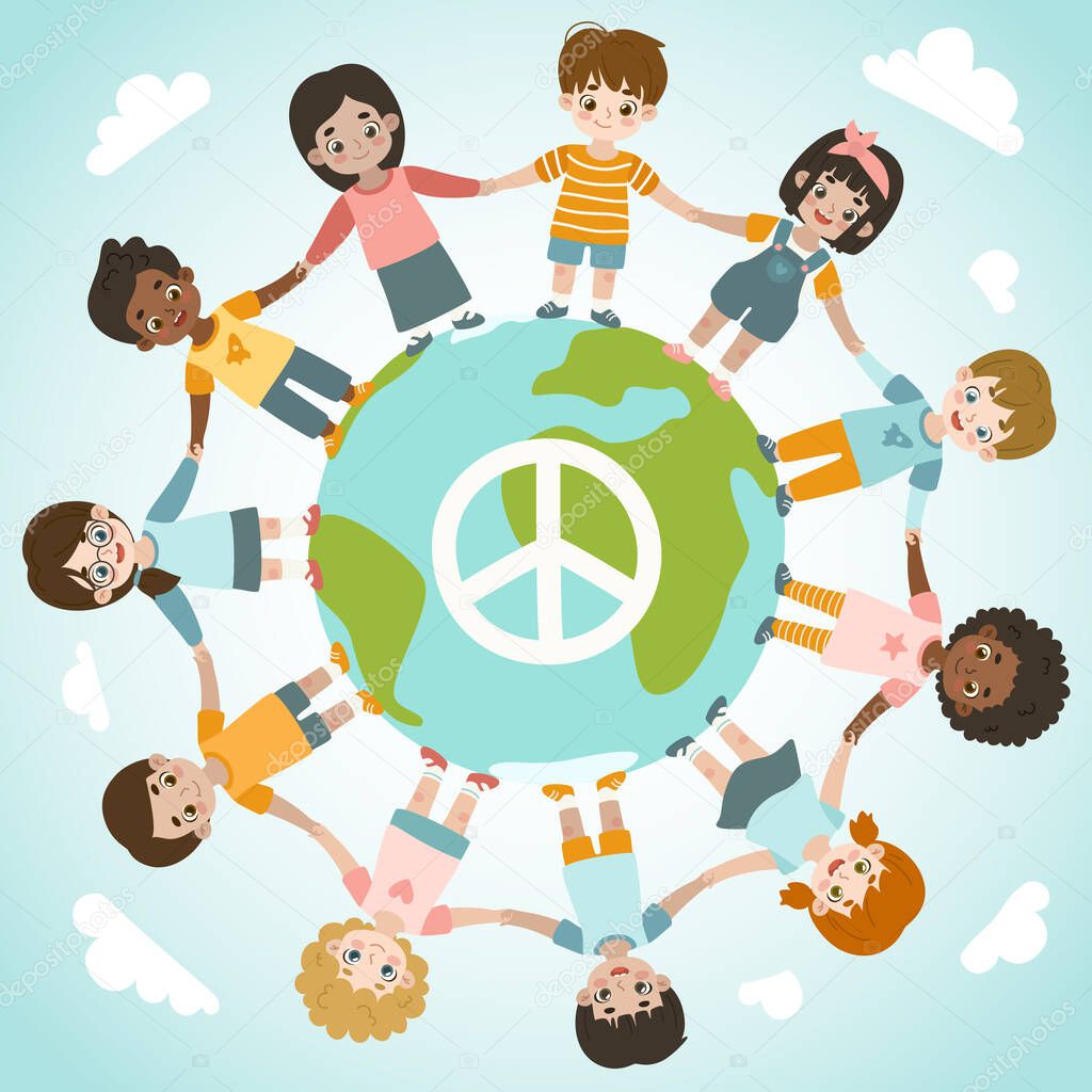 Children of different races stand in a circle on the earth and hold hands. Friendship and bonding. Peace sign in the center of the globe.