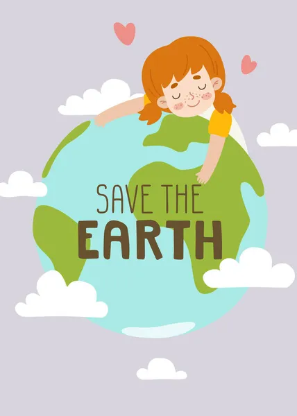 Cute Little Girl Hugging Earth Globe Cartoon Red Hair Child — Stock Vector