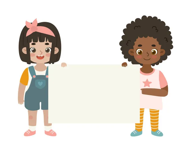 二人のかわいい女の子が一緒に空のバナーを立って保持します アフリカ系アメリカ人とアジア系の子供 幸せな子供たちは空白の紙シートを示す — ストックベクタ