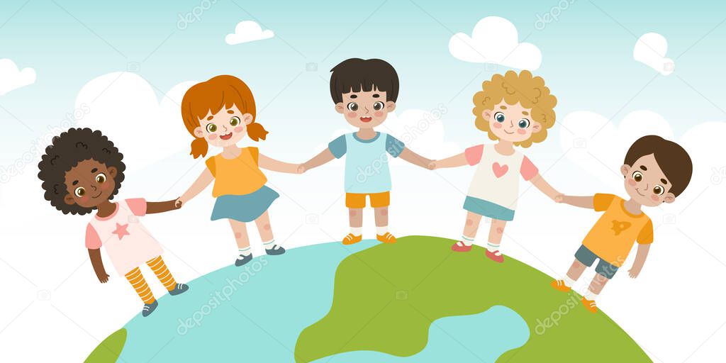 Diverse children stand together on earth planet and hold by hand. Multicultural kids friendship and peace.