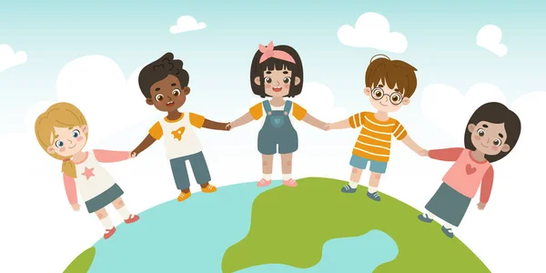 Niños Multirraciales Pie Planeta Tierra Tomados Las Manos Diversos Niños — Vector de stock