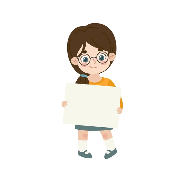 Menina Bonito Com Óculos Segurando Banner Branco Desenhos Animados Criança —  Vetores de Stock