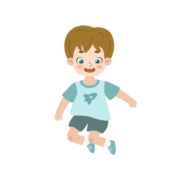 Активный Счастливый Мальчик Прыгает Мультфильм Позитивный Ребенок Движется Энергичный Ребенок — стоковый вектор
