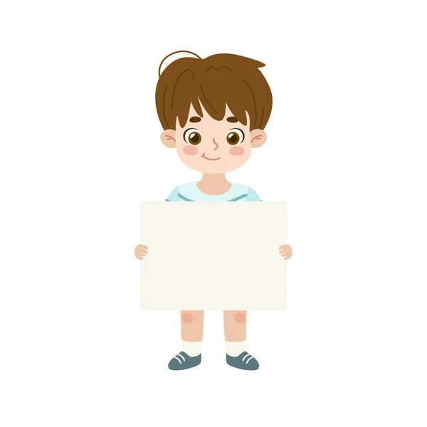 Cute Happy Boy Holding Empty Banner Front Cartoon Kid Standing — Stock Vector