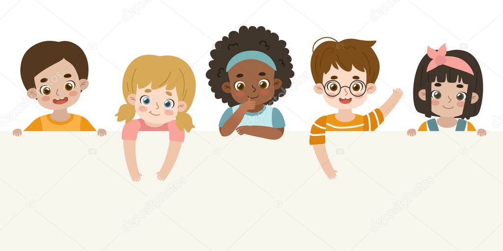 Cartoon kids holding blank banner. Cute funny diverse children stick out empty placard.