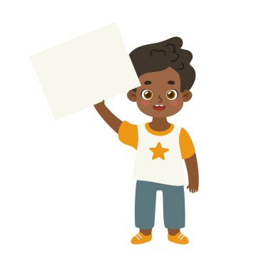 Şirin Afrikalı Amerikalı çocuk kafasının üstünde boş pankart tutuyor. Boş kağıt gösteren sevimli bir çocuk..