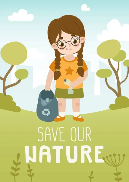 Mooie Cartoon Meisje Verzamelen Plastic Afval Voor Recycling Affiche Milieuzorg — Stockvector